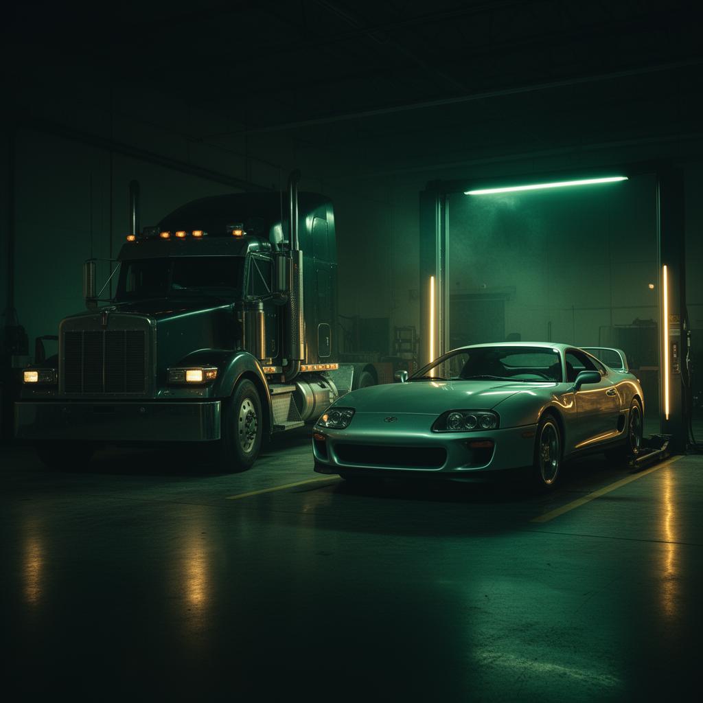Semi truck and 1995 Toyota Supra Twin Turbo in the service bay